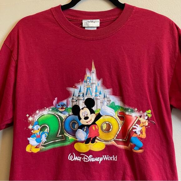 Y2K Disney 2007 short sleeve t-shirt Mickey Mouse red blue vacation travel - Picture 2 of 7
